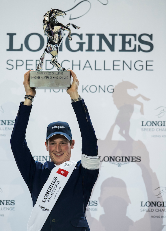 Daniel Deusser of Germany riding Happiness van T Paradijs wins the Longines Speed Challenge, with Pius Scwhizer of Switzerland riding Leonard de la Ferme CH being the first runner-up, and Bertram Allen of Ireland riding Quiet Easy being the second runner-up, during the Longines Masters of Hong Kong 2017 on 11 February 2017 at the AsiaWorld Expo in Hong Kong, China. Photo by Victor Fraile / Power Sport Images